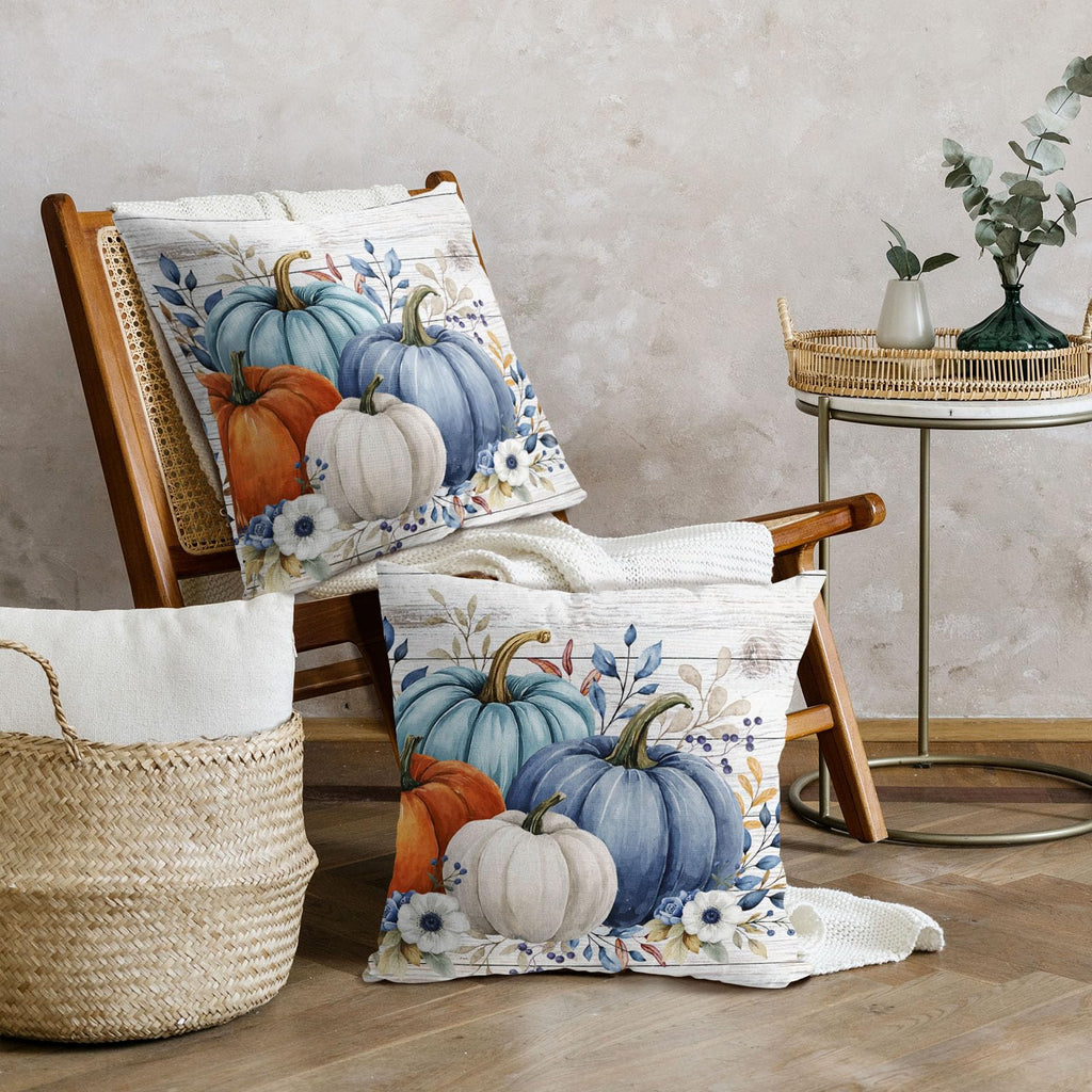 Fall Pumpkin Floral Throw Pillow Covers 20x20 Inch Blue Teal Orange Pumpkins Leaf Decorative Pillow Covers Pack of 2
