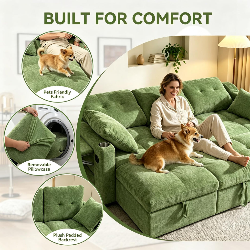 82" Sleeper Sectional Sofa, Comfy Convertible Sofa Bed with Pull Out Couches, Chenille L Shaped Couch with Reversible