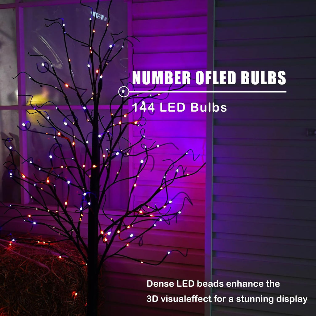 FT Halloween Lighted Black Birch Tree, Total 288 LED Purple and Orange Spooky Tree with Timer, Waterproof - Set of 2
