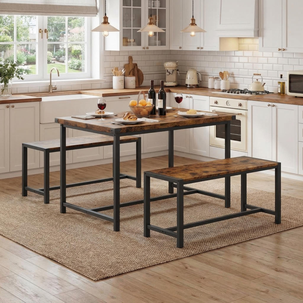 Dining Table Set for 4, Kitchen Table with 2 Metal Wood Benches, Rectangular Room Dining Table Set, 3 Piece Bench