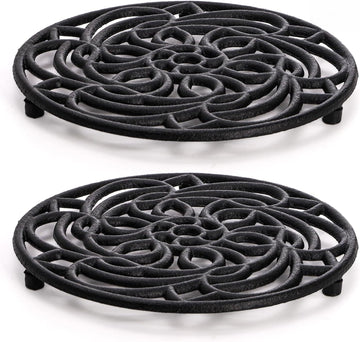 Cast Iron Trivets, 8 Inch Round Sunflower Hollow Out Heat Resistant Pot Holders, Rustproof Metal Hot Pads - Set of 2