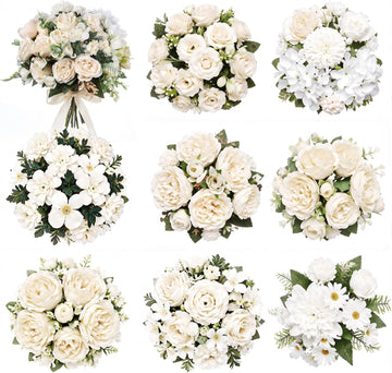 White 8 Bundles Artificial Flowers Bulk Peony Rose Hydrangea Bouquet - Set of 8
