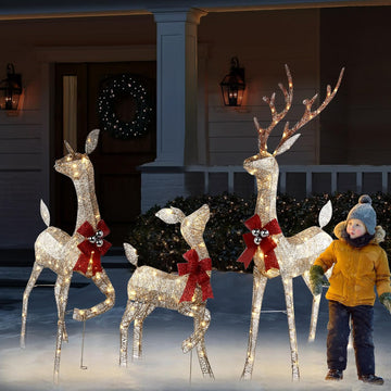 3D Christmas Reindeer Outdoor Decorations - 3 Pieces Set of Gold LED Deer Family with 240 Warm Lights - 5ft Buck &