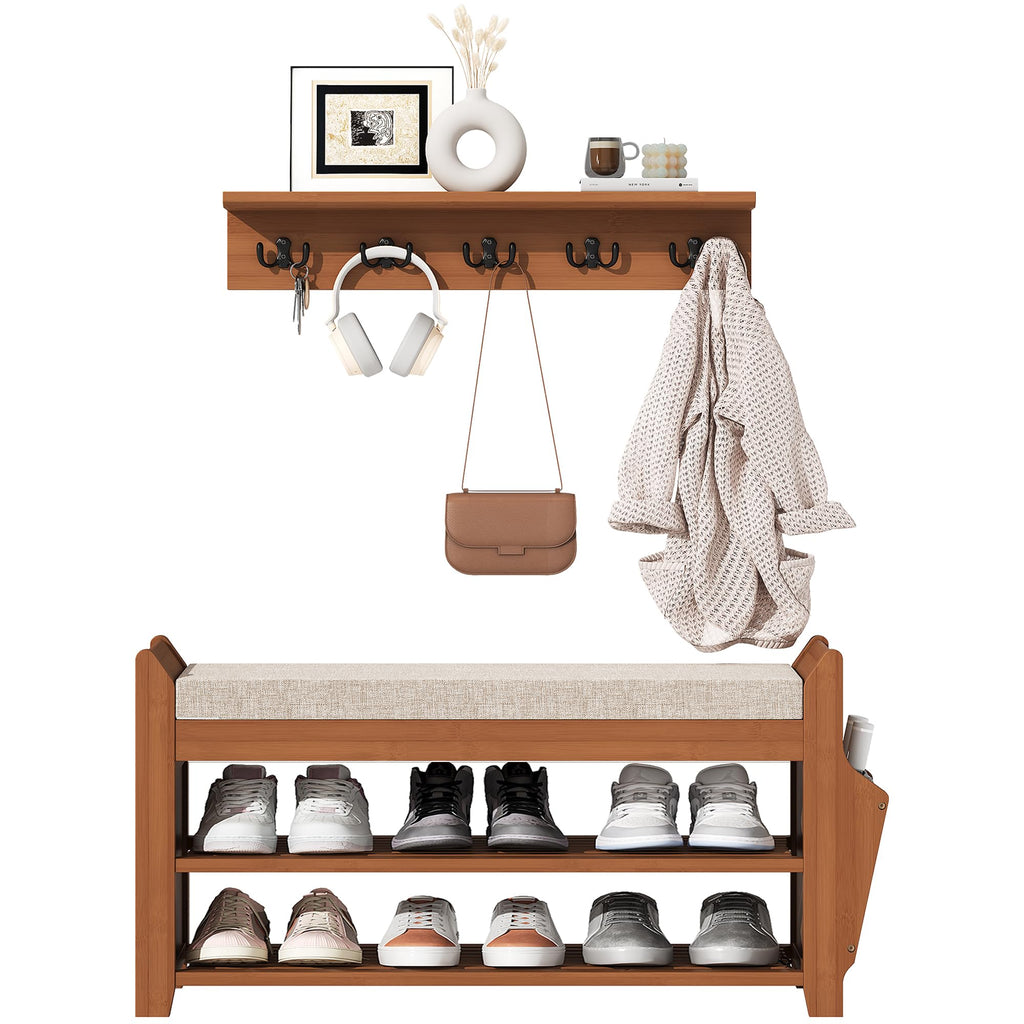 31.5" Shoe Bench with Coat Rack Hidden Drawer and Side Holder, 2 Tier Entryway Bench with Storage, Bamboo Shoe Rack