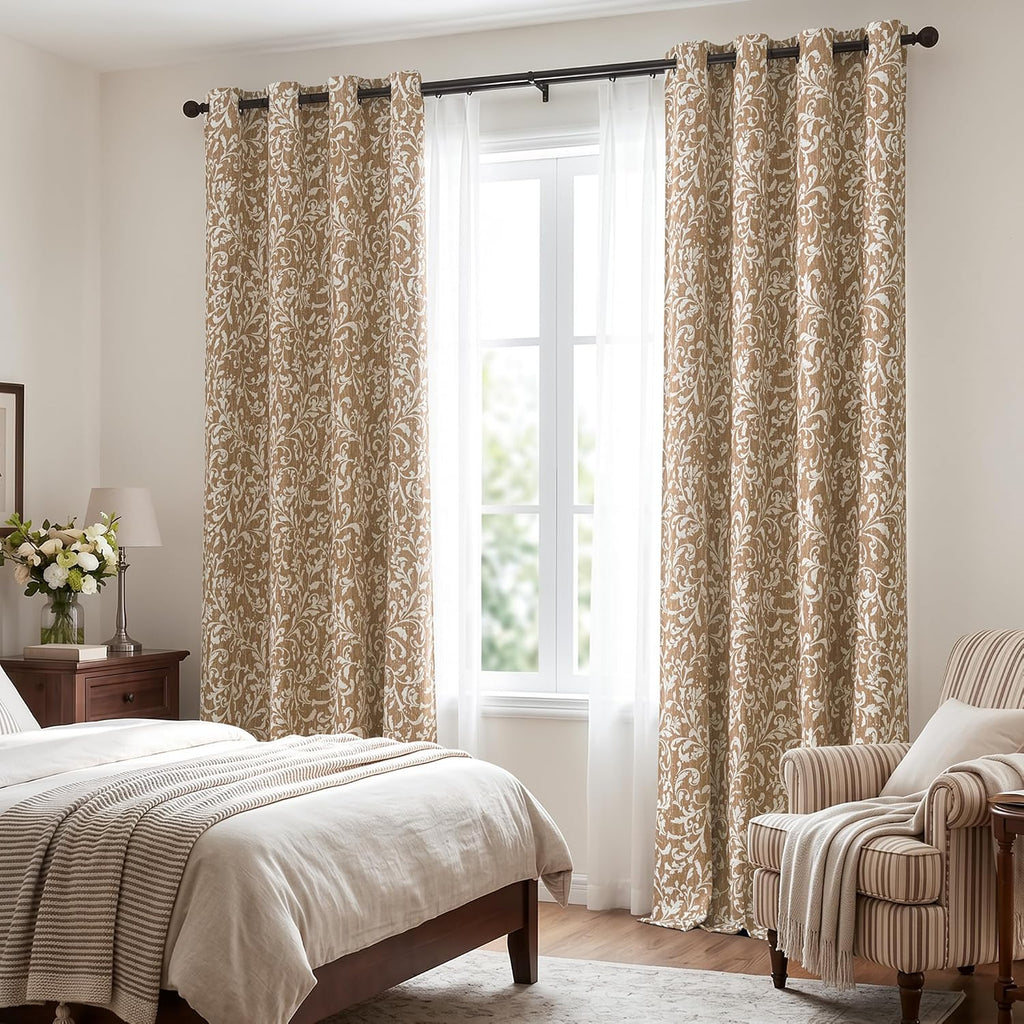 Blackout Curtains, Warm Taupe Scroll Floral Patterned Curtains 96 Inch Length Vintage Art Deco Drapes, Thermal