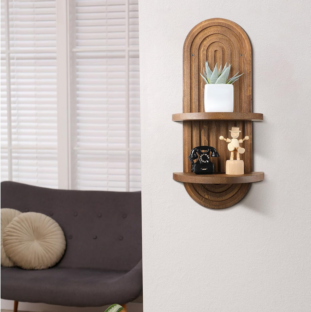 2 Pcs Boho Wall Shelf Rainbow Arch Wooden Floating Shelf Mid Century Bohemian Hanging Holder Double Vintage Wall