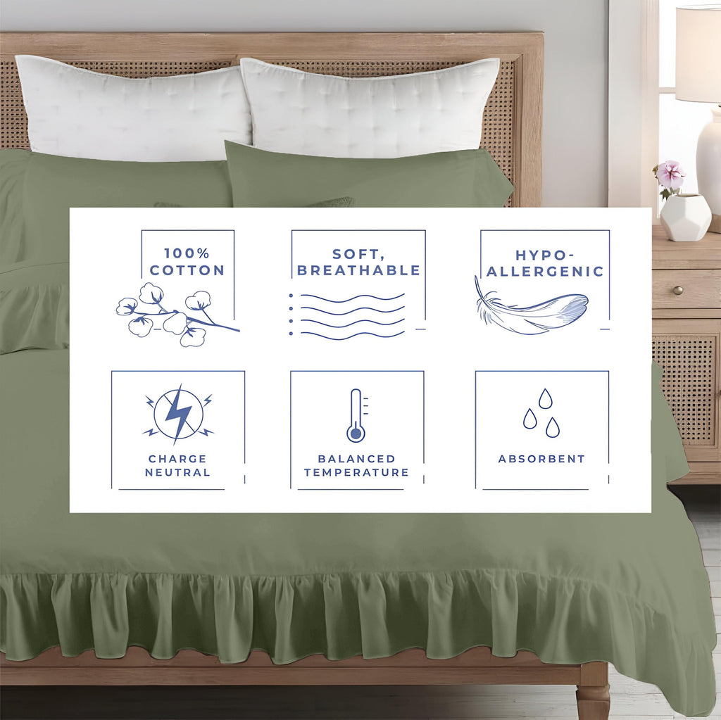 3 Pc Moss Green Ruffle Trim Duvet Cover Set Oversized King Size-100% Egyptian Cotton 600 TC -Shabby Chic Bohemian