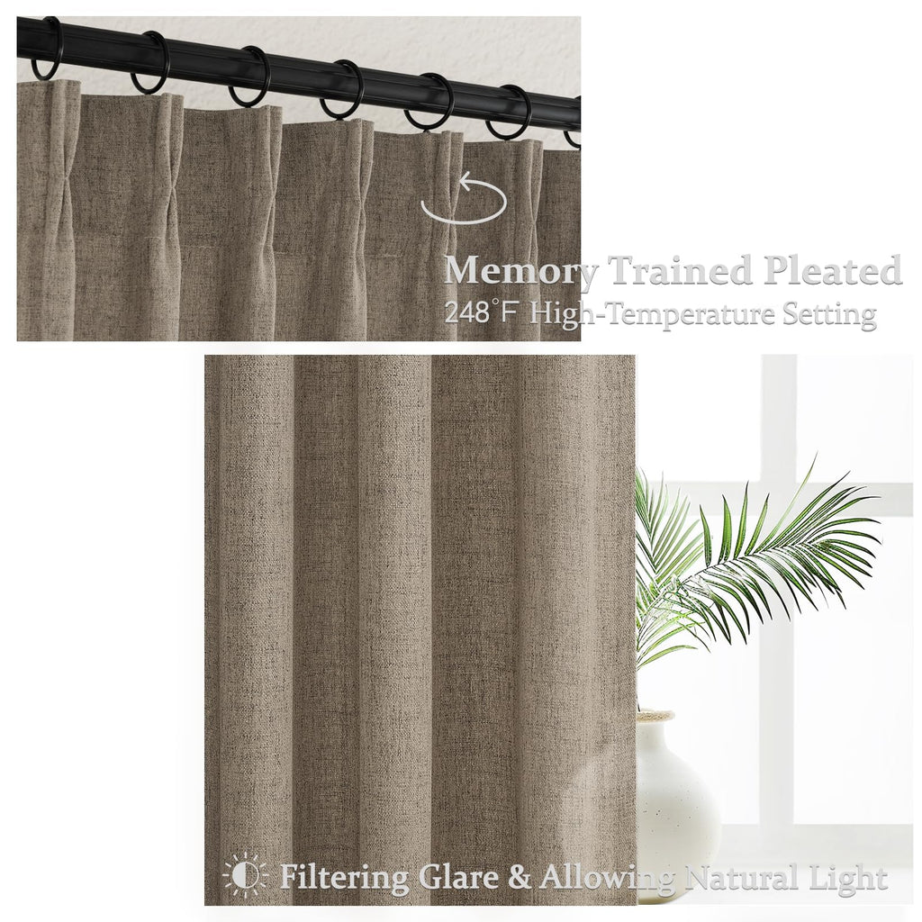 Extra Short 45 Inch Dark Flax Light Filtering Kitchen Curtains 2 Panels Set, Memory Trained Pinch Pleated Farmhouse