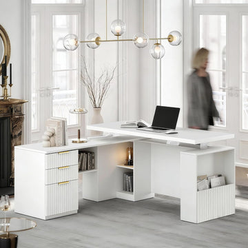 63 Inches L Shaped Standing Desk, Executive Electric Adjustable Desk with Storage Drawers and File Cabinet, AC/USB