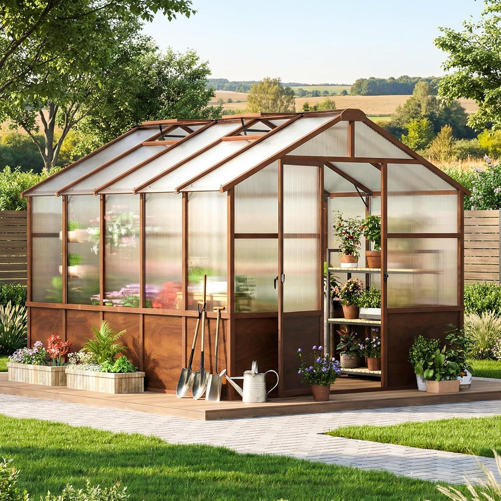 8x10ft Outdoor Greenhouse, Wooden Frame Polycarbonate Greenhouse with Adjustable Roof Vents and Lockable Door Handle