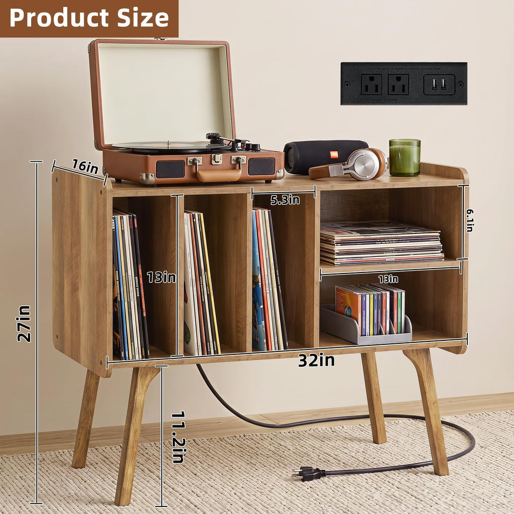 32" Large Record Player Stand with Charging Station, Rustic Brown
