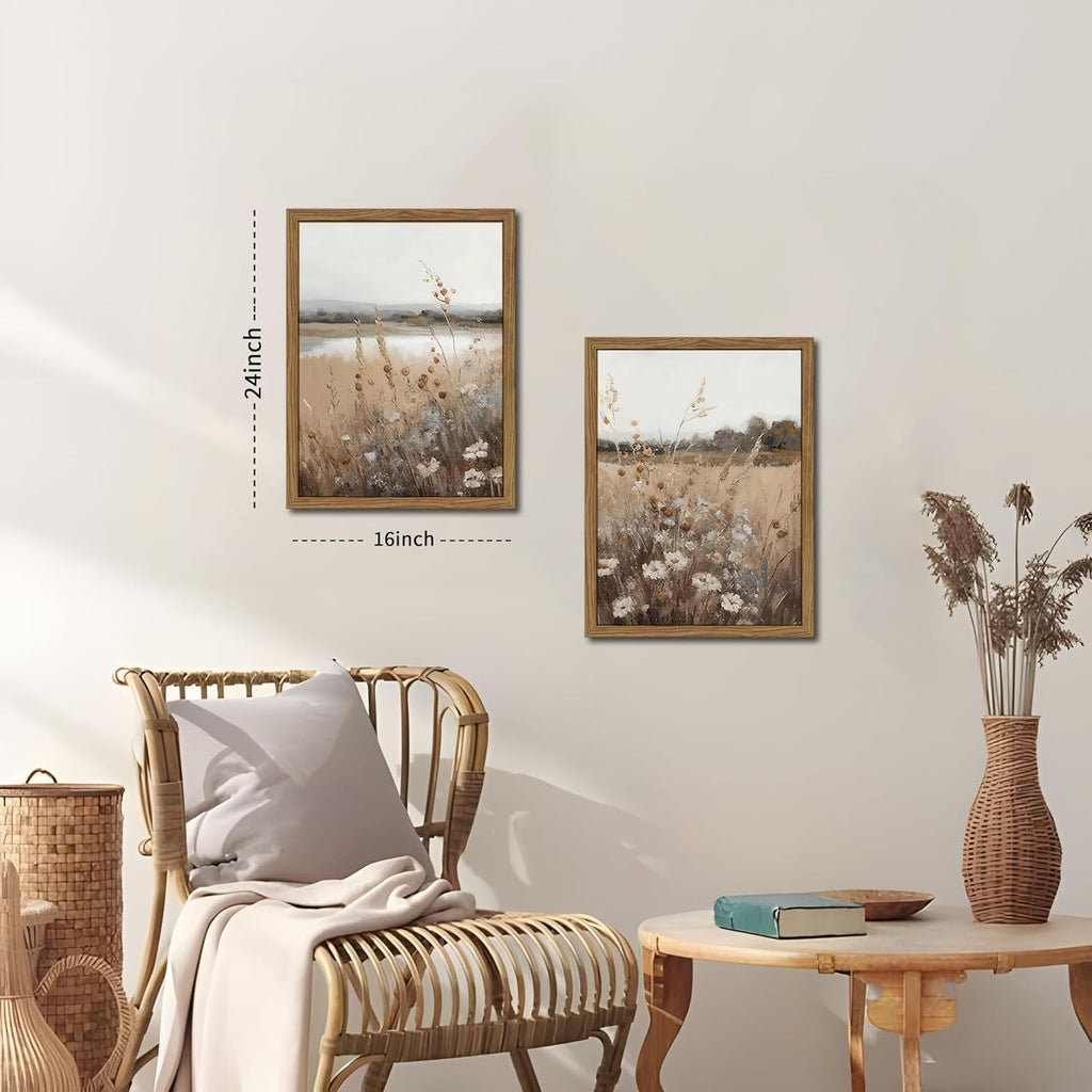 Framed Vintage Wildflower Wall Art Set of 2, Retro Country Floral Canvas Wall Decor Paintings, Farmhouse Field