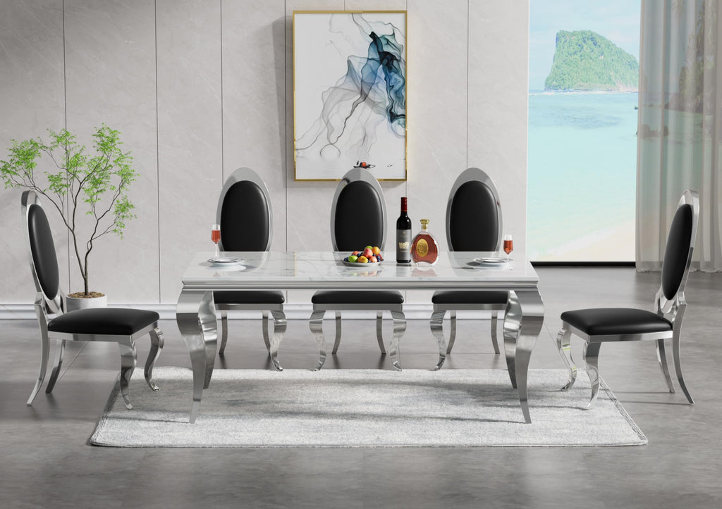 Modern Dining Table for 6-8, 68 Inch White Marble Kitchen Table with Silver Mirrored Cabriole Legs, Luxurious