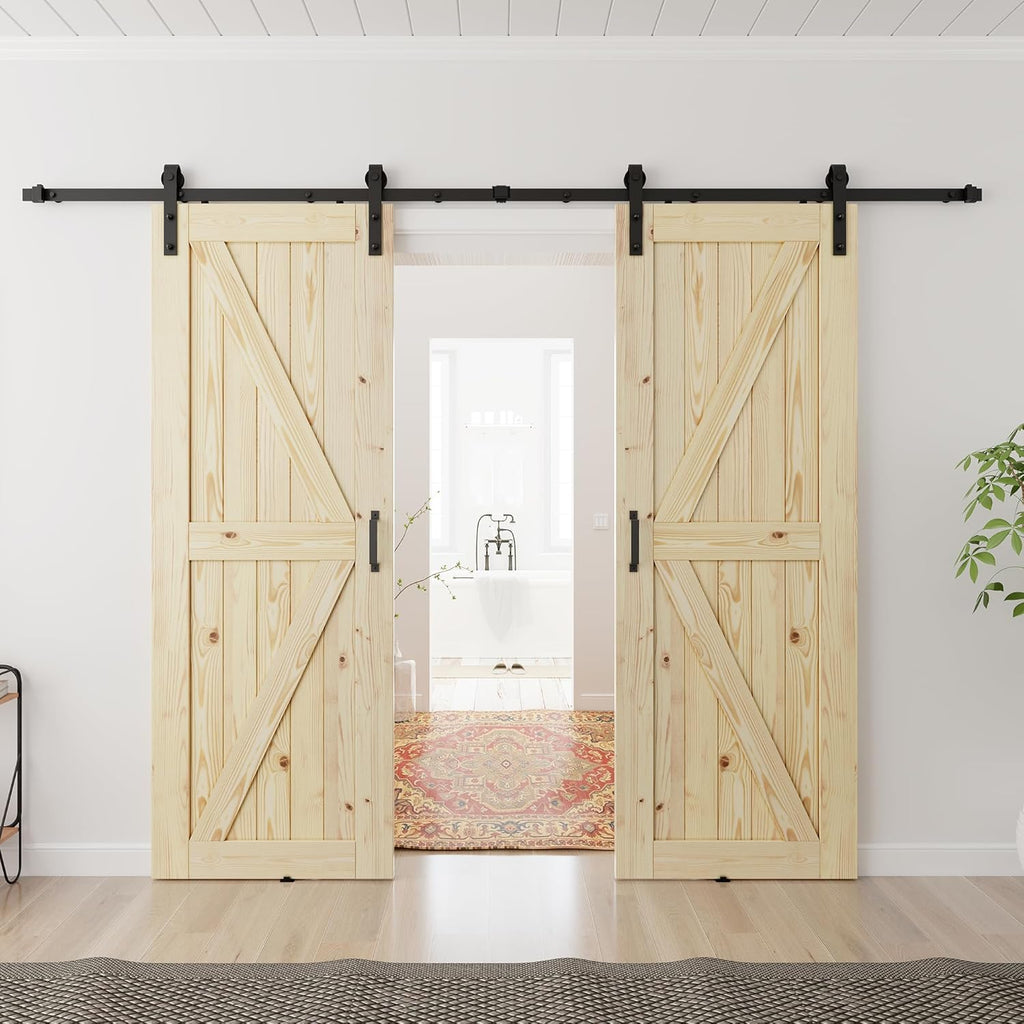 30x80 inch Double Barn Door with 10ft Sliding Barn Door Hardware Kit Included, Unfinished Solid Spru