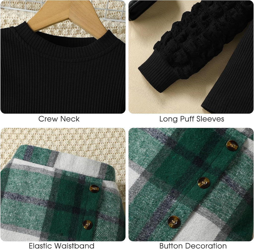 Toddler Girl Plaid Outfits Ribbed Knit Top and Skirt Set
