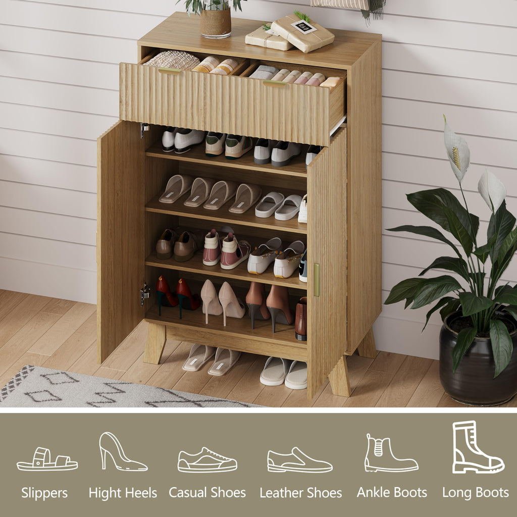4 Tier Fluted Shoe Cabinet Storage, Oak