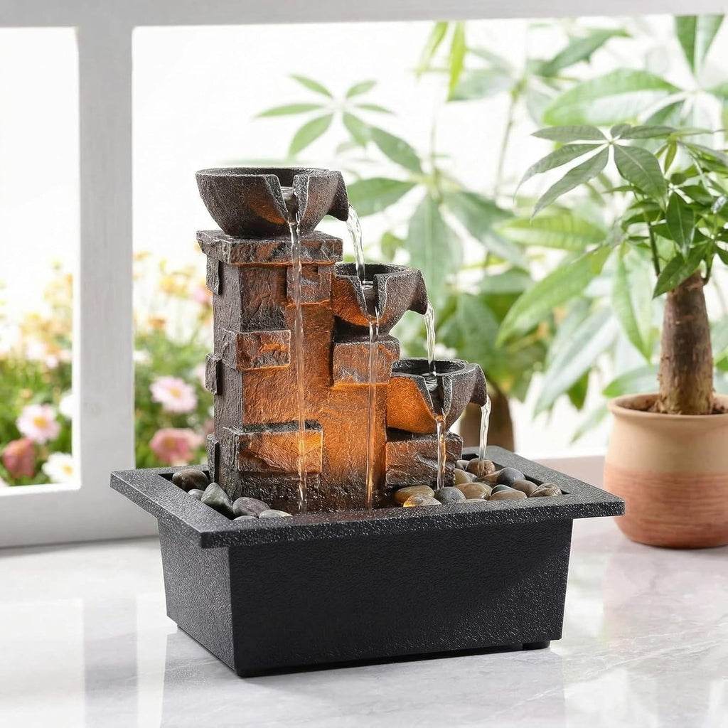 Home Décor Imitation 3-Tier Stone Wall Tabletop Fountain Many Natural River Rock Office Relaxing Desktop Zen