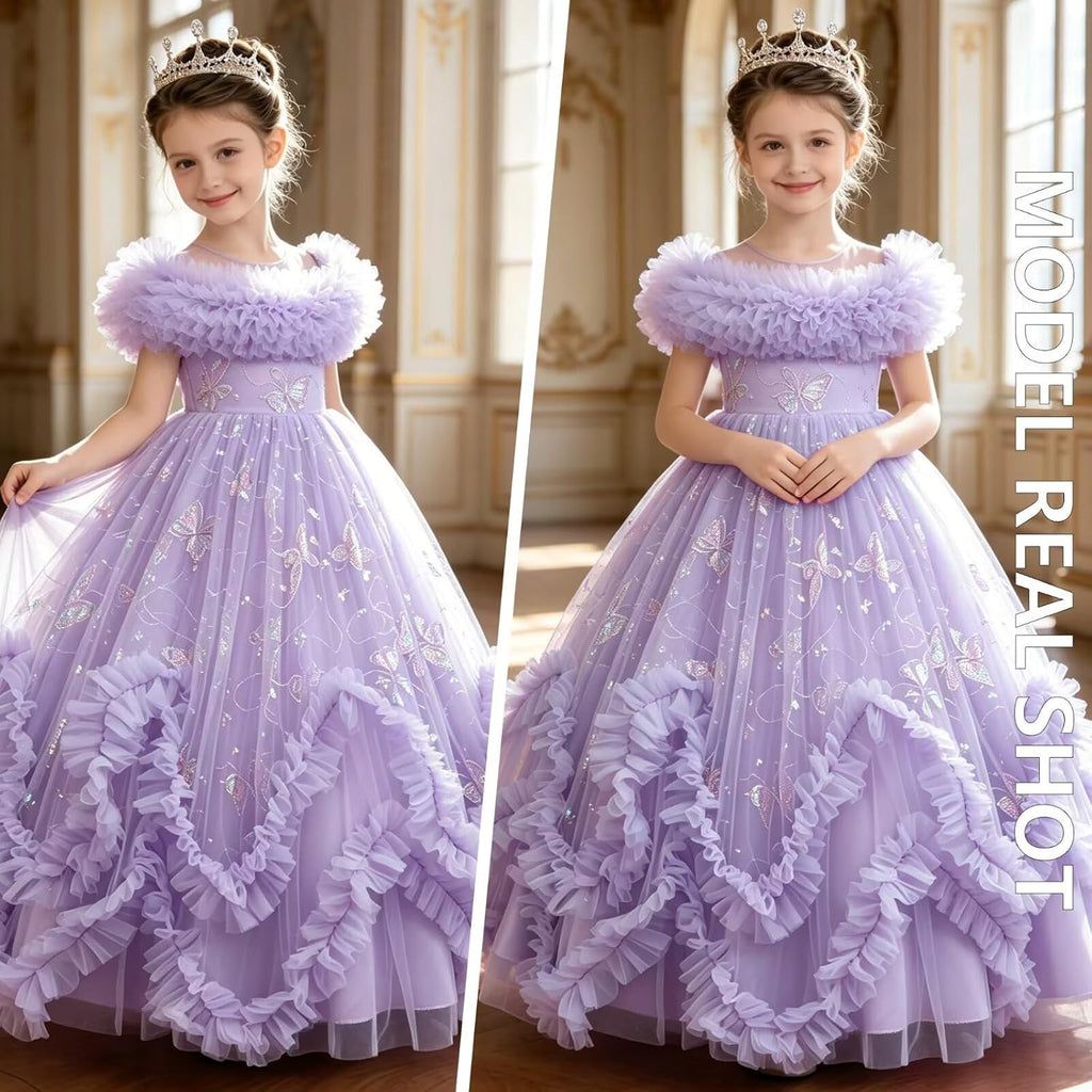 Flower Girl Dress Ruffle Butterfly Embroidery Princess Dress Tiered Tulle Wedding Party Birthday Ball Gown