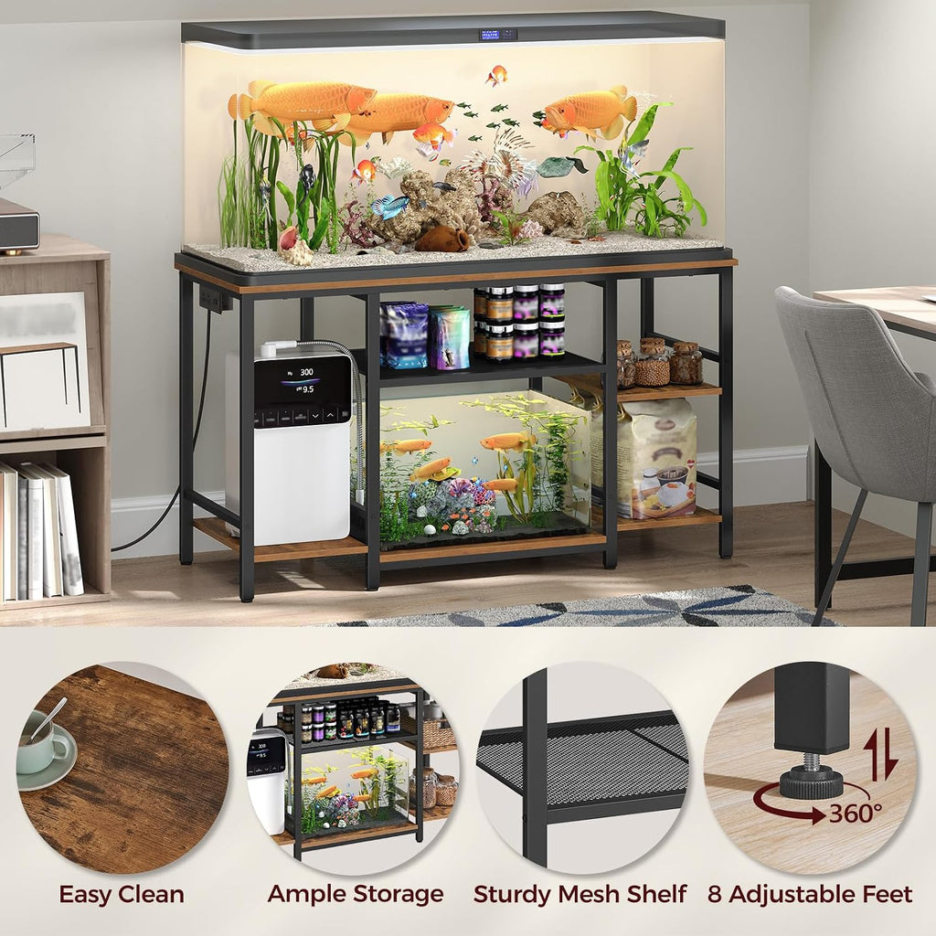 55-75 Gallon Fish Tank Stand with Power Outlet, 3-Tier Metal Frame Aquarium Stand, Heavy Duty Reptile Terrarium Tank