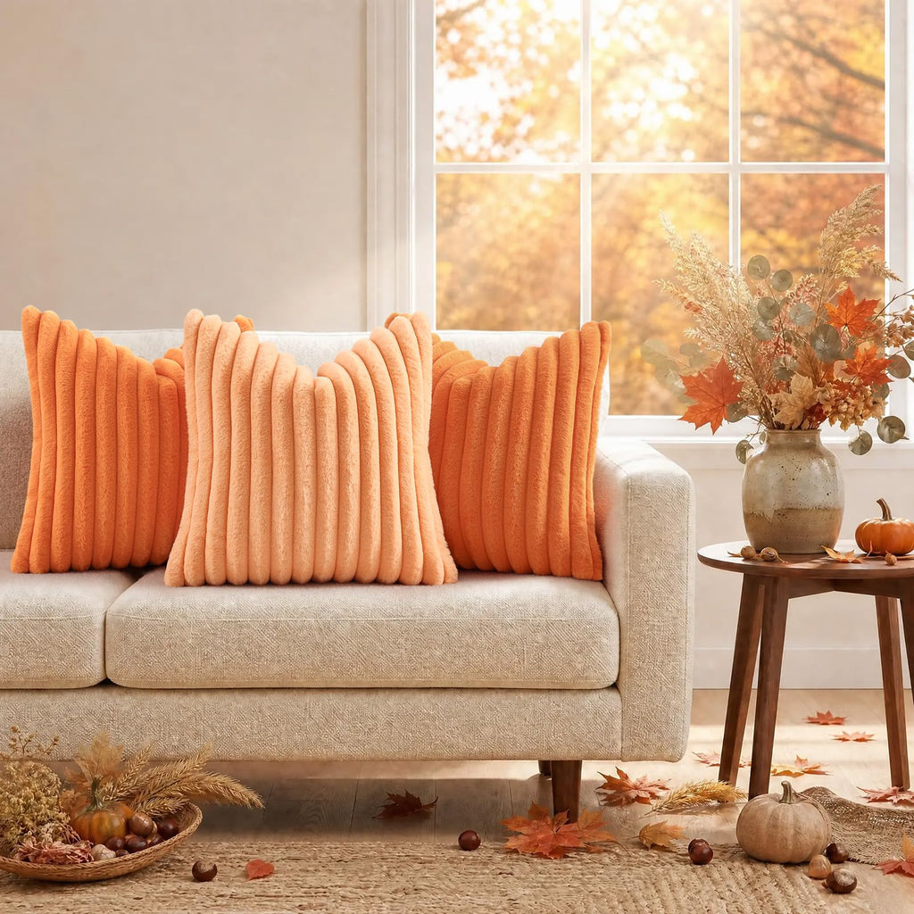 Fall Faux Fur Throw Pillow Covers 18x18 Set of 2 Pumpkin Orange