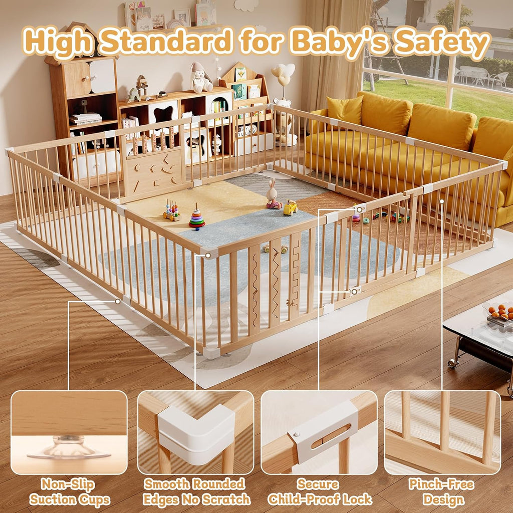 Wooden Baby Playpen, 64"x64" Extra Large Play Yard for Toddlers