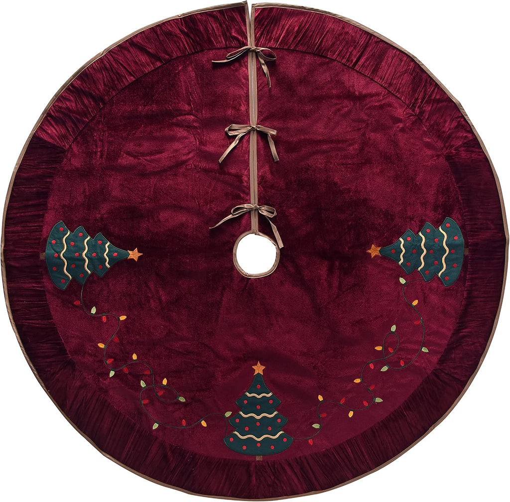 X.Sem Christmas Tree Embroidered Velvet Christmas Tree Skirt with Pleat Velvet Border 50'' Dark Red (Dark Red, 50