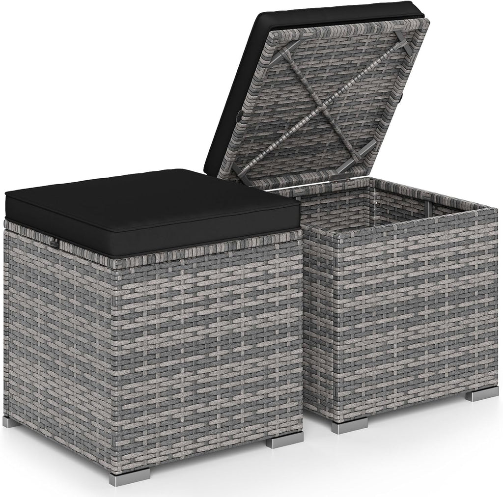 16" Outdoor Ottoman with Storage, Set of 2 Wicker Ottoman, Rattan Cube Footstool w/Removable Cushion Covers, Square