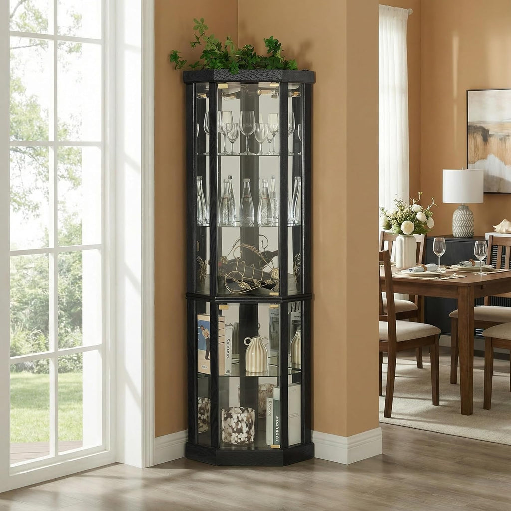 70" H Glass Display Cabinet, China Cabinet Dis, Black | 3-Side Glass Display with Customizable Shelves, Tempered