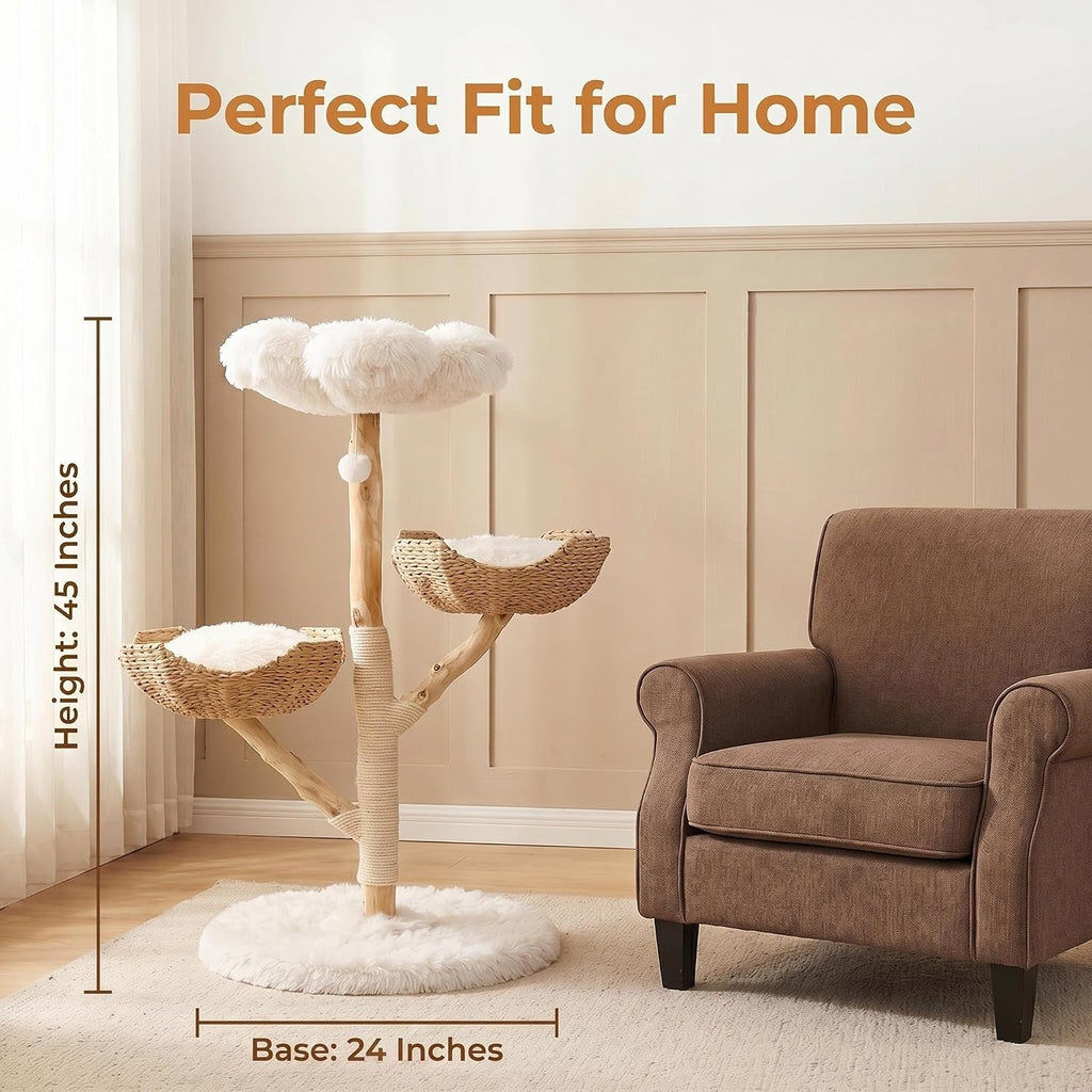 Modern Cat Tree Tower, 45" Wooden Cat Tree for Indoor Cats Large Adult, Real Solid Luxury Cat Condo with Scratching