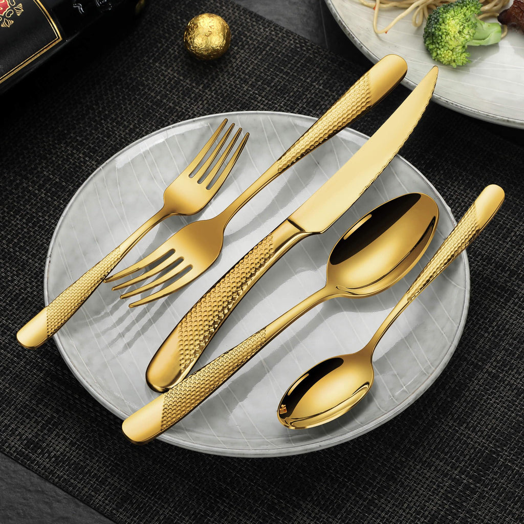 Hammered Gold Silverware Set for 8,18/10 Stainless Steel Flatware Set with Serrated Forged Knives,Heavy Duty