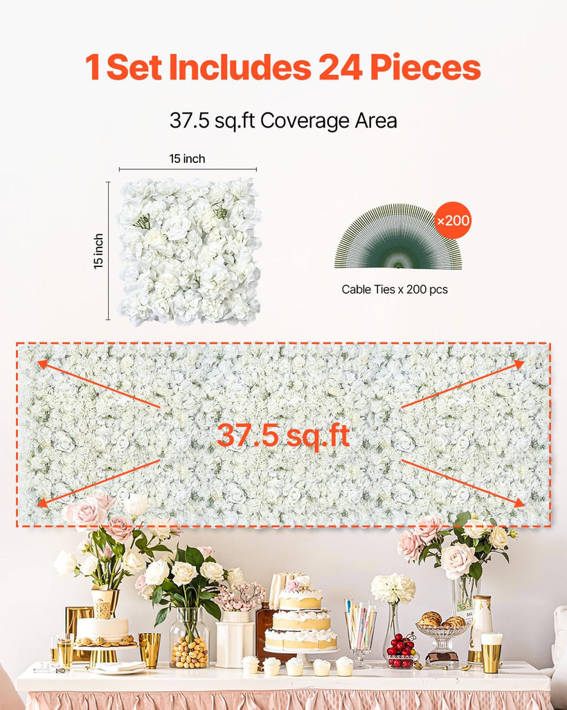 3D Flower Wall Panel, 24 PCS 15 x 15 inch, Artificial Floral Wall Background Mesh Backing Mat, Seamless Design&Easy
