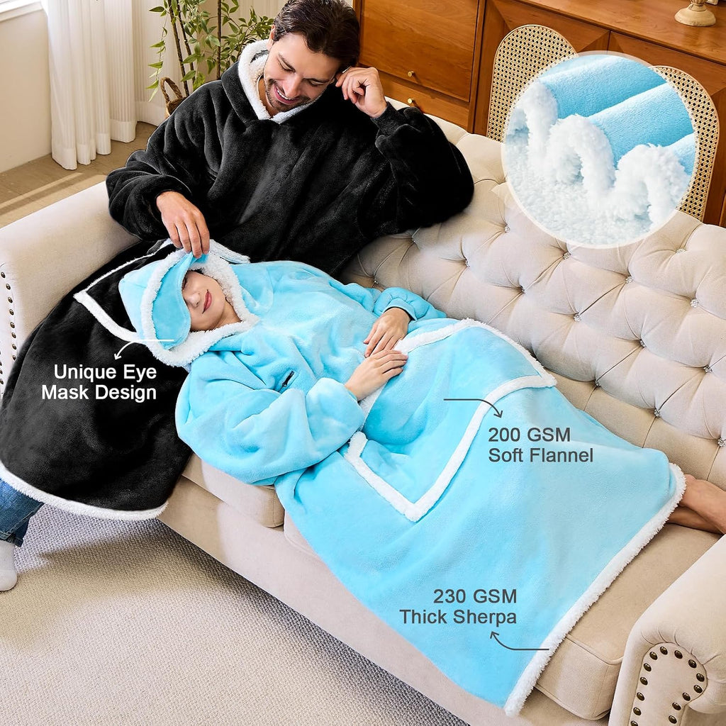 Oversized Cozy Wearable Blanket Hoodie for Adult with Eye Mask,Black