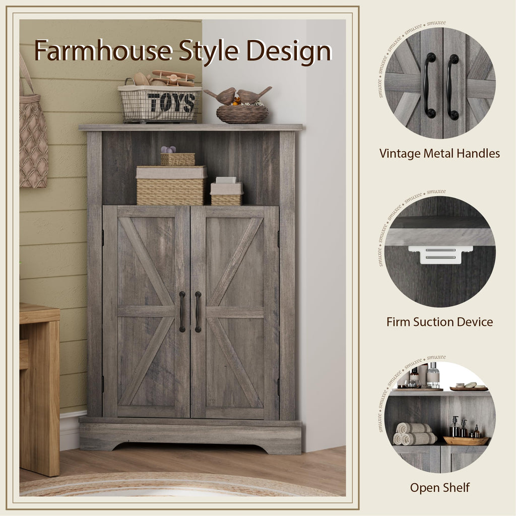 Bathroom Corner Storage Cabinet, Farmhouse Floor Corner Cabinet with Barn Door and Adjustable Shelf, Wash Grey Narrow