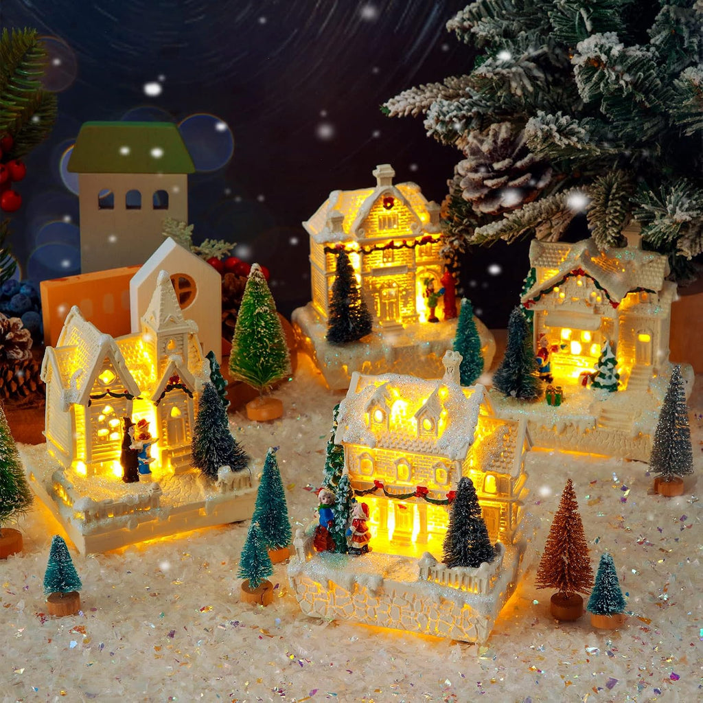 15 Pcs Christmas Village Set, 4 LED Houses 10 Trees Snow,Elegant