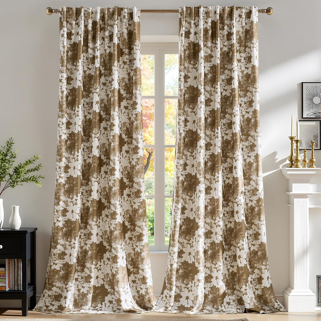 100% Blackout Taupe Floral Curtains,Vintage 96 Inch Thick Window Drapes 2 Panels Set for Living Room Thermal