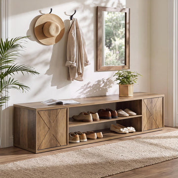 63" Shoe Storage Bench, Farmhouse Entryway Bench with Storage