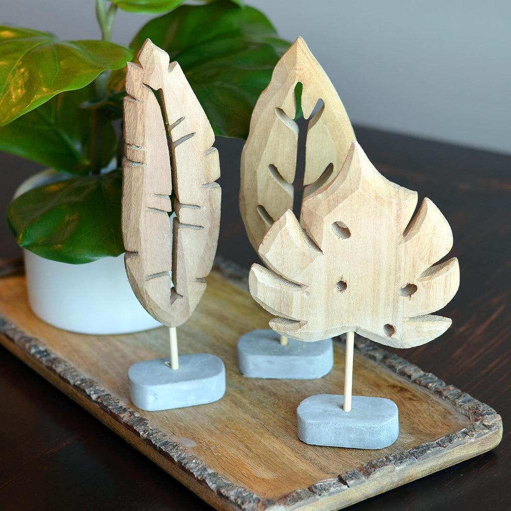 Modernist Leaf Figurines, Set of 3, Hand Carved, Solid Wood, Post Mounted, Grey Gallery Base, 7.75 Inches Each