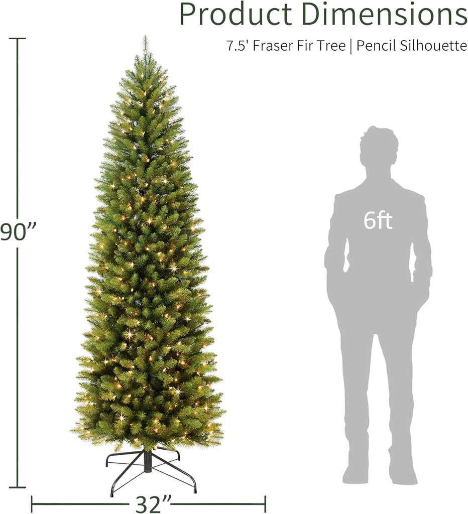 7.5ft Pre-Lit Fraser Fir Pencil Christmas Tree with 350 Clear Lights, 1188 Realistic Dense Branch Tips, Easy Setup