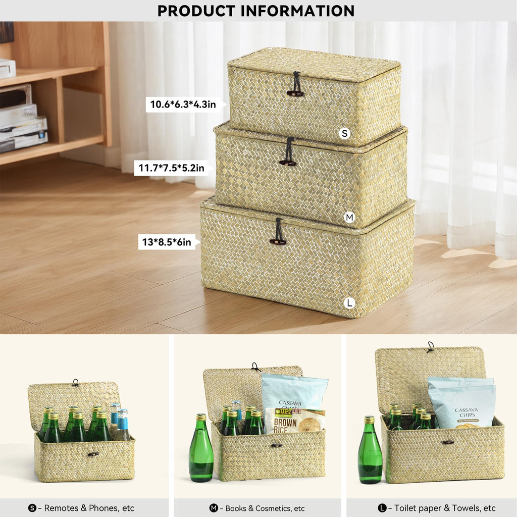 Wicker Storage Basket with Lid, Seagrass Shelf Basket Set of 3, White