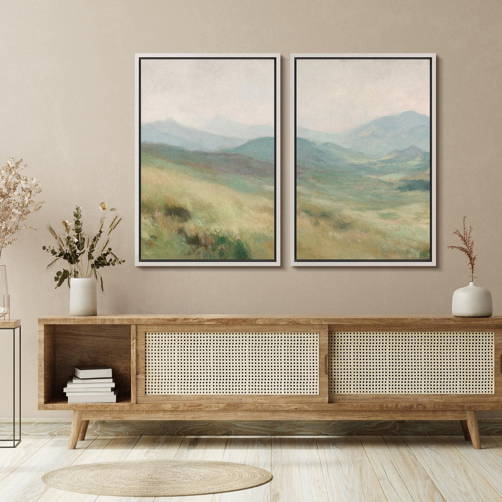 Framed Canvas Print Wall Art Set Soft Green Mountain Landscape Illustration Modern Art Decorative Nature - 24"x36"x2
