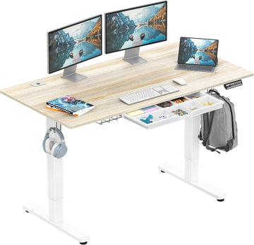 55 x 28 Electric Height Adjustable Standing Desk w/Drawer, Maple | w/ Memory Presets and Cable Management | Drawer