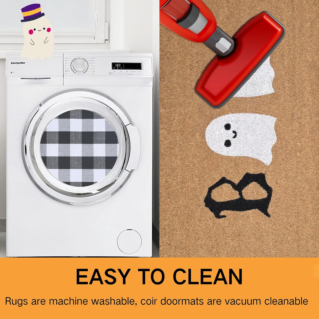 Halloween Door Mat Combo Set, Boo Ghost Coco Coir Welcome Doormat + 28" x 43" Black and White Plaid Rug, Autumn