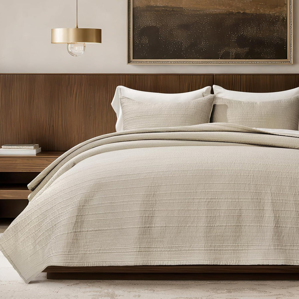 Channel Stitch 100% Cotton Quilt Set King, Pre-Washed Cotton Sateen Coverlet Bedspread, 3-Piece Soft & Breathable