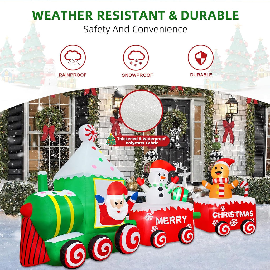 12FT Christmas Inflatable Santa Claus on Train Outdoor Decorations, Lighted Inflatable Christmas Train with Snowman
