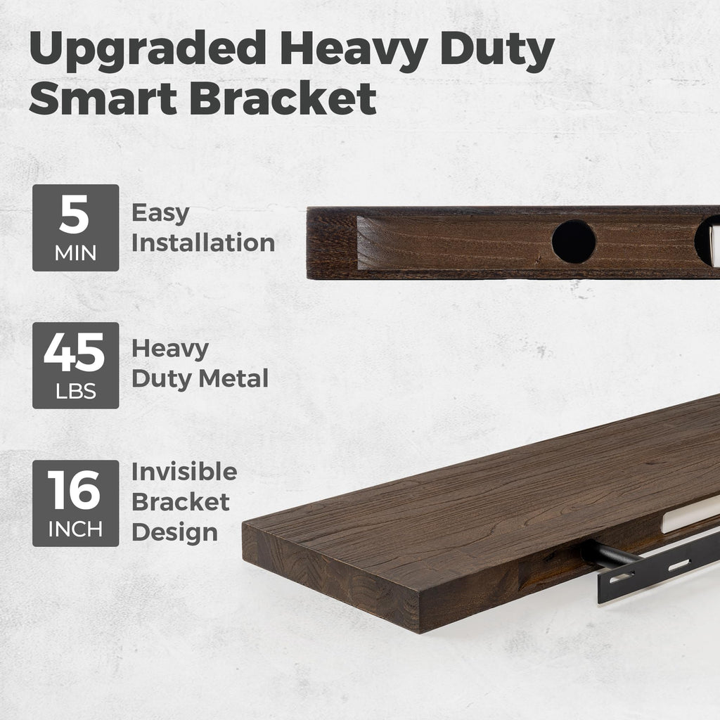 Elm Floating Shelves for Wall - 22" W x 9.3" D Rustic Solid Wood Shelves with Invisible Bracket, Wall-Mounted Storage