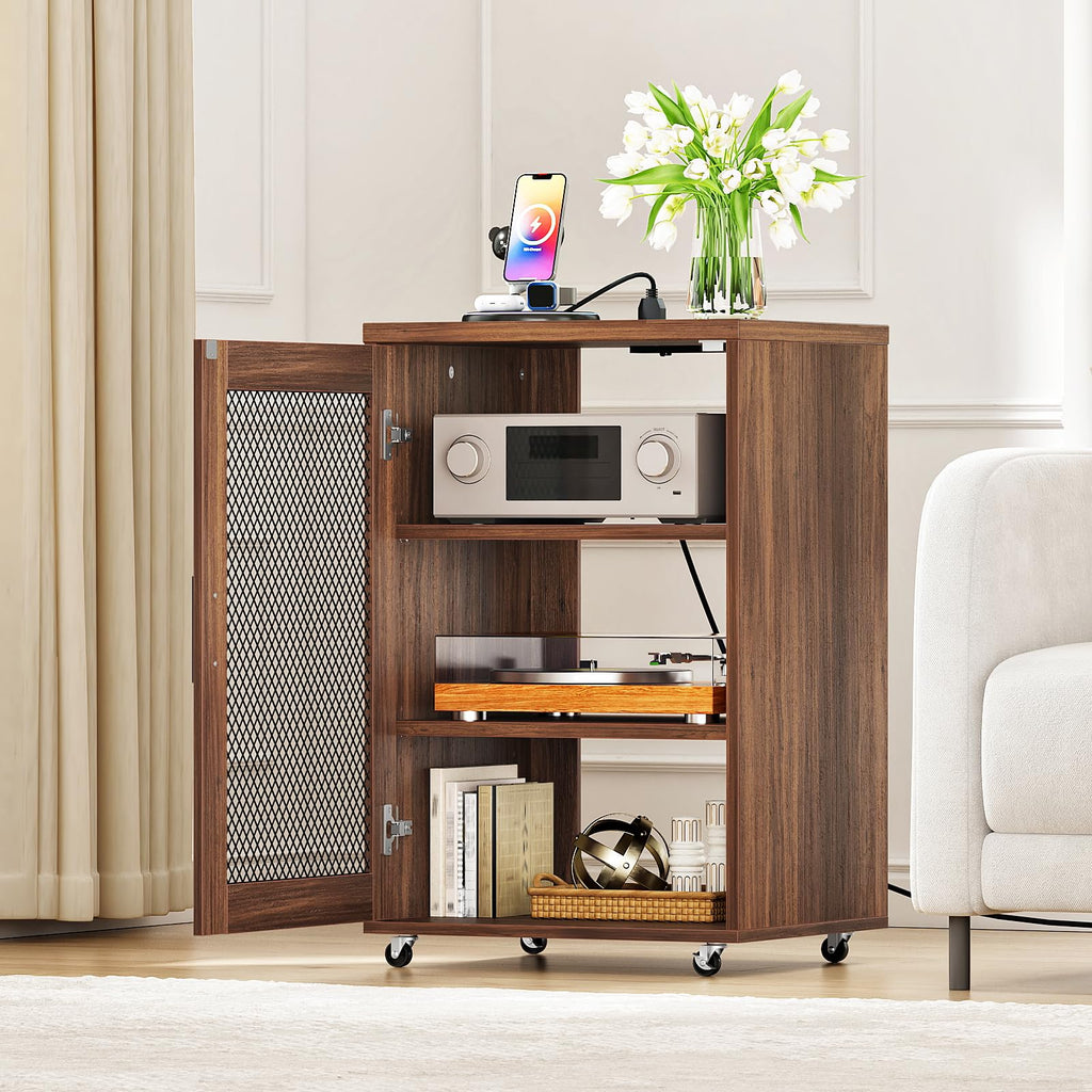 Media Cabinet with Charging Station, Stereo Cabinet with Wheels, Audio-Video Media Stand with Adjustable Shelves and