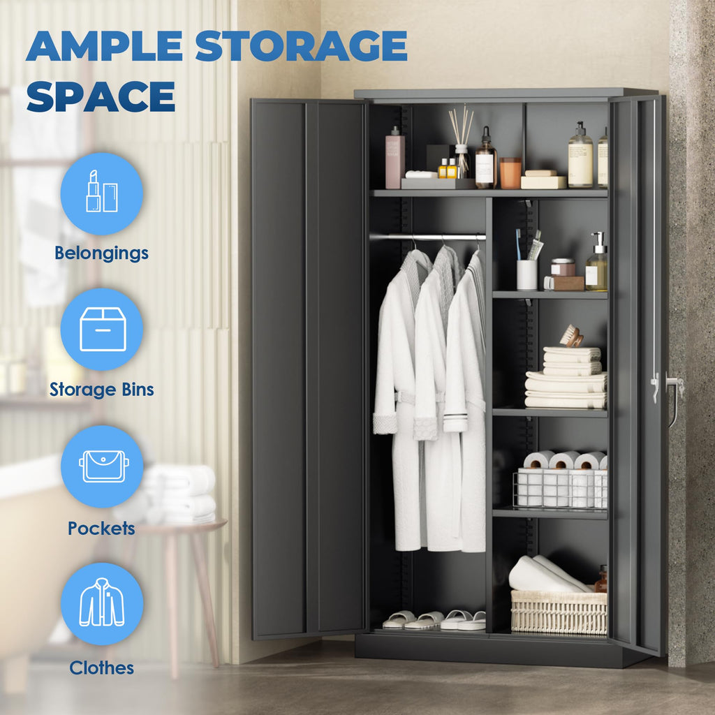 Metal Wardrobe Cabinets with Lock, 72" Clothing Storage Cabinets with Hanging Rod and 4 Adjustable Shelves, Armoire