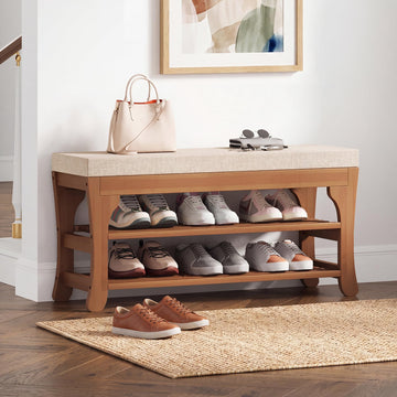 27.6" Shoe Storage Bench with Cushion, Bamboo Shoe Rack Bench, 2-Tier Entryway Shoe Organizer, Supports up to 350 LB