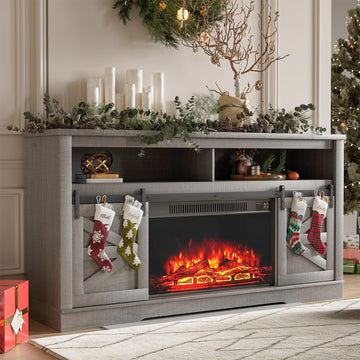 Farmhouse Fireplace TV Stand for Television up to 65+ Inch, Gray | TV Console with Storage and Sliding Barn Doors