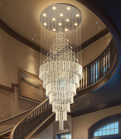 W32 x H120 Glam Chandelier with LED Bulbs Crystal Raindrop High Ceiling Pendant Light for Entrance Large Villa Chandelier Foyer Lighting Fixtures Silver A100-B0F5PMB1QP